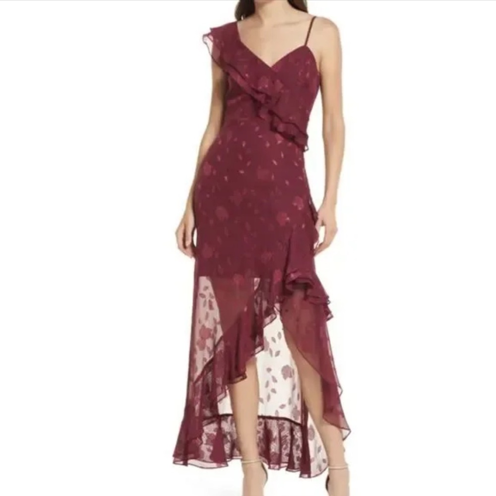 Lulus Burgundy Forever Be Floral Jacquard Ruffled Asymmetrical Maxi Dress NWOT S